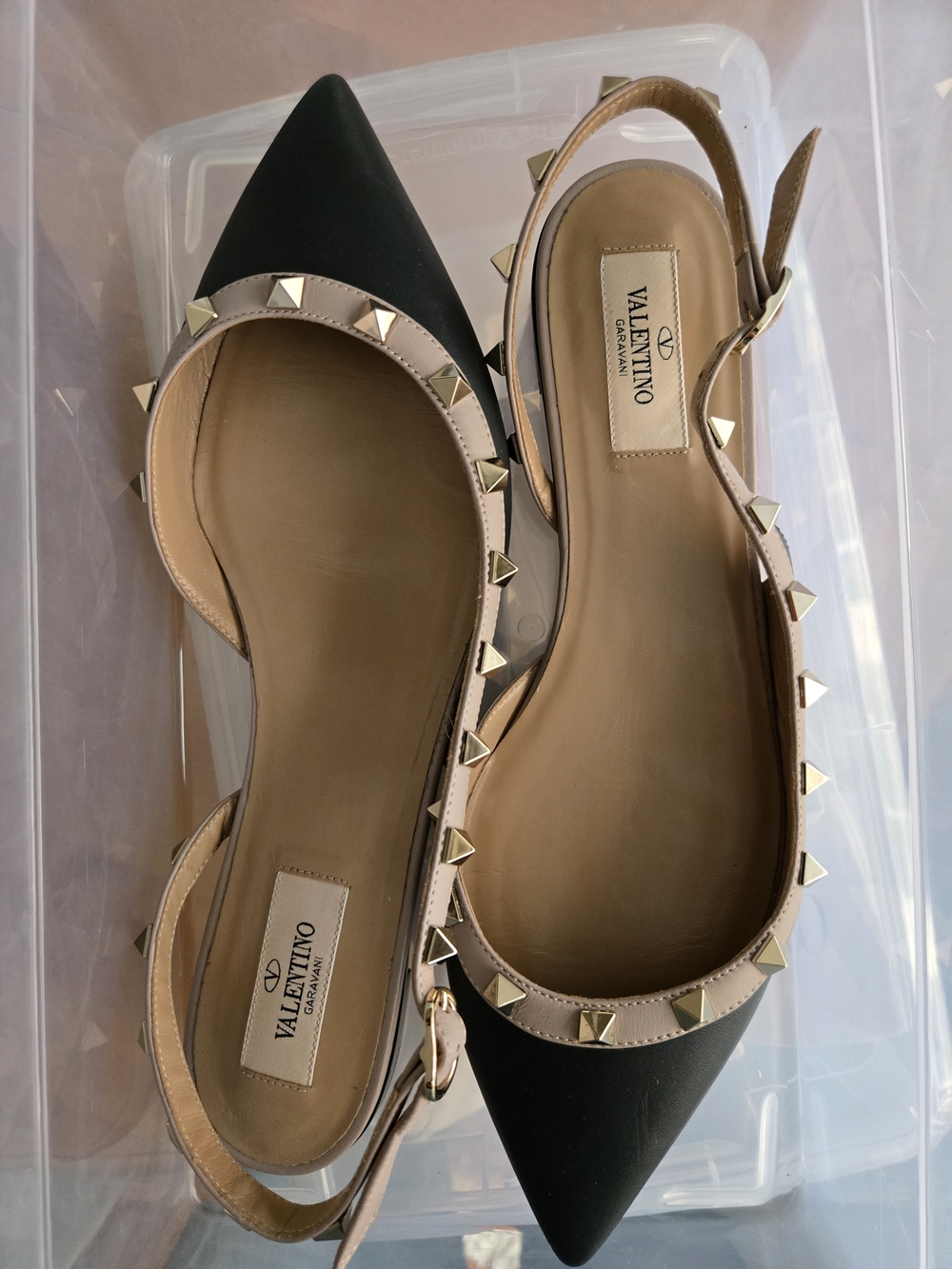 Valentino Rockstud Two-Tone Pointed Slingback Flats - Black & Nude